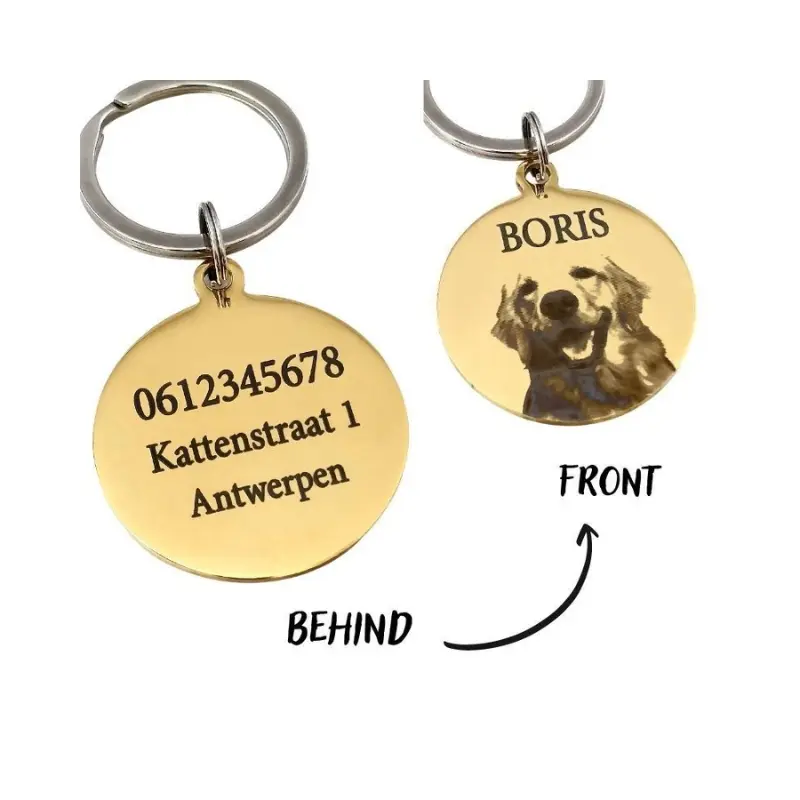 Hondenpenning met foto graveren mooie Hondenpenning gegraveerd met foto naam hond en adres goud