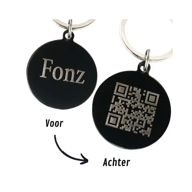Dierenpenning QR code graveren Katten of honden - dieren penning met QR code met naam en adres zwart
