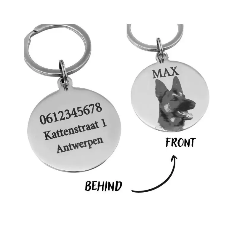 Hondenpenning met foto graveren mooie Hondenpenning gegraveerd met foto naam hond en adres zilver